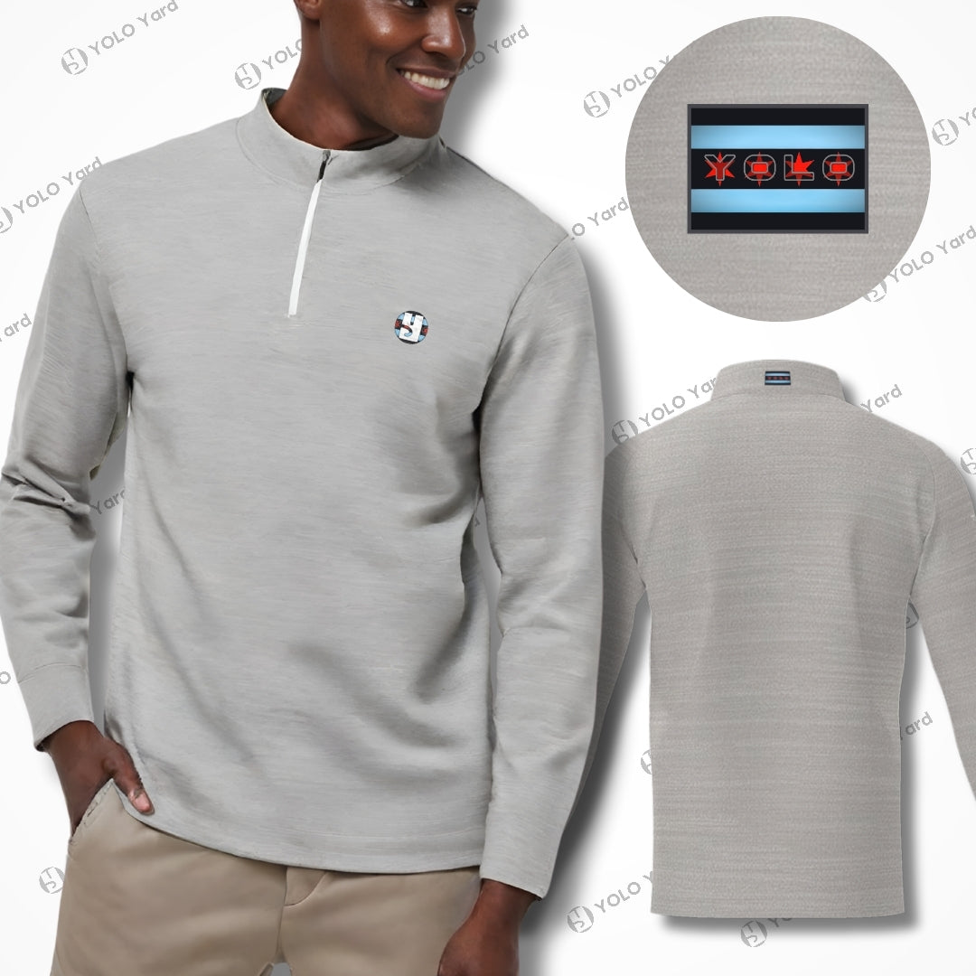 Team #YOLO Eco-Fit Quarter-Zip Jersey Pullover in light gray with quick-dry UPF 50+ fabric, featuring a Chicago flag-inspired logo and modern fit.