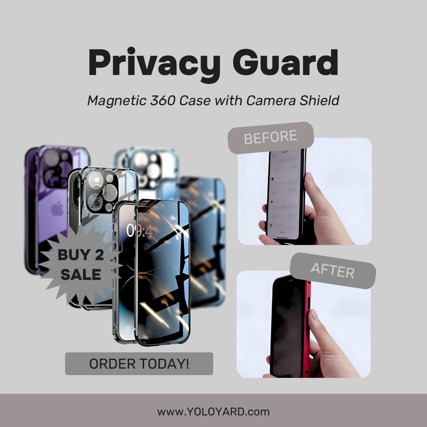 Privacy Guard Magnetic iPhone (15-13) Case | Aluminum Alloy Frame | Tempered Glass | Magnetic Closure | 360 Protection YOLO