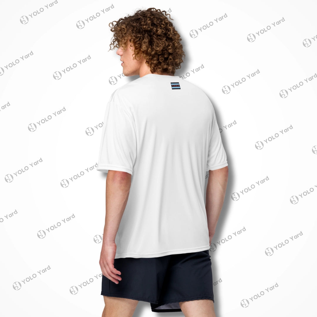 Back view of white Cool-Fit Quick-Dry Athletic Tee Shirt on a male model, featuring a relaxed fit and moisture-wicking fabric.