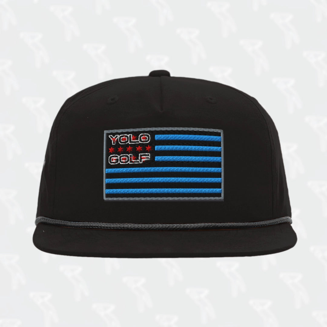 #YOLO-Chicago Flag Patch Braided Rope Hat with UPF 50+ protection, featuring an embroidered Chicago flag patch and braided rope detail. Stylish snapback cap for golf and casual wear.