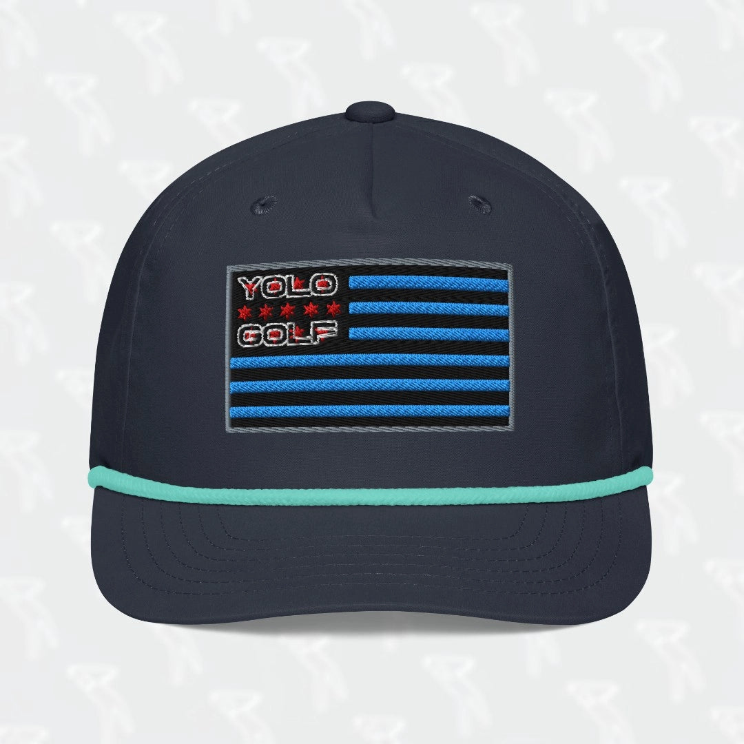 #YOLO Golf-USA Flag Patch Rope Cap featuring an embroidered blue USA flag design with YOLO Golf text, flat bill, and teal rope detail.