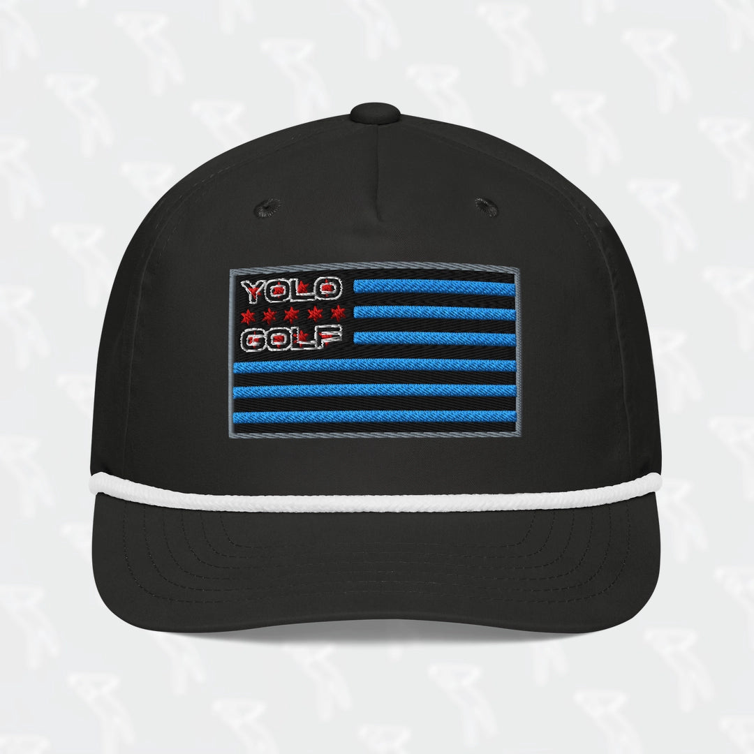 #YOLO Golf-USA flag patch rope cap in black with embroidered blue USA flag and YOLO Golf text, featuring a white rope detail on the brim.