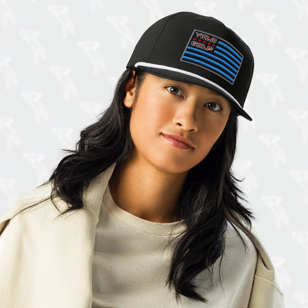 #YOLO Golf-USA flag patch rope cap in black with embroidered blue USA flag and YOLO Golf text, featuring a white rope detail on the brim.