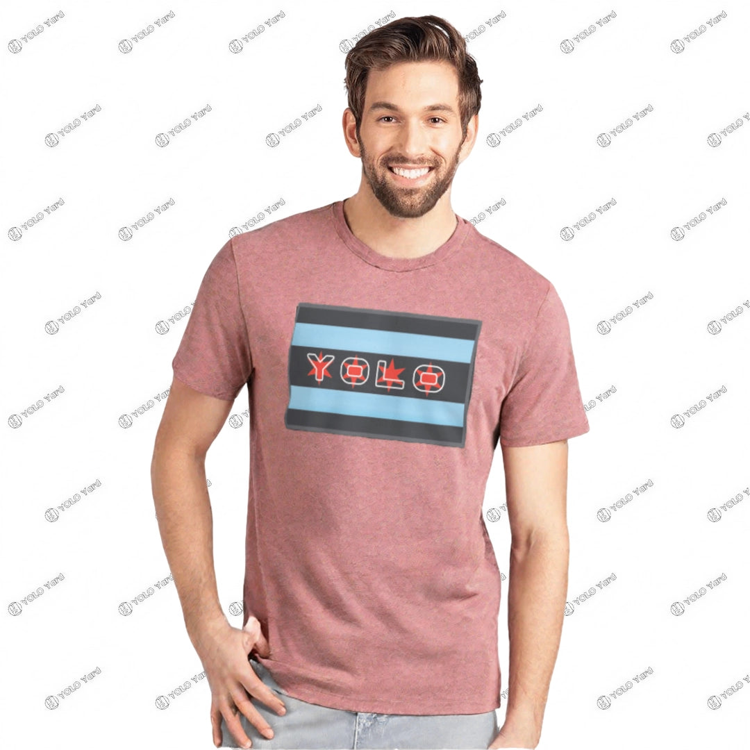 #YOLO-Chicago Flag Tri-Blend Crew T-Shirt in pink heather with Chicago flag-inspired design, featuring YOLO text in red. Limited edition.