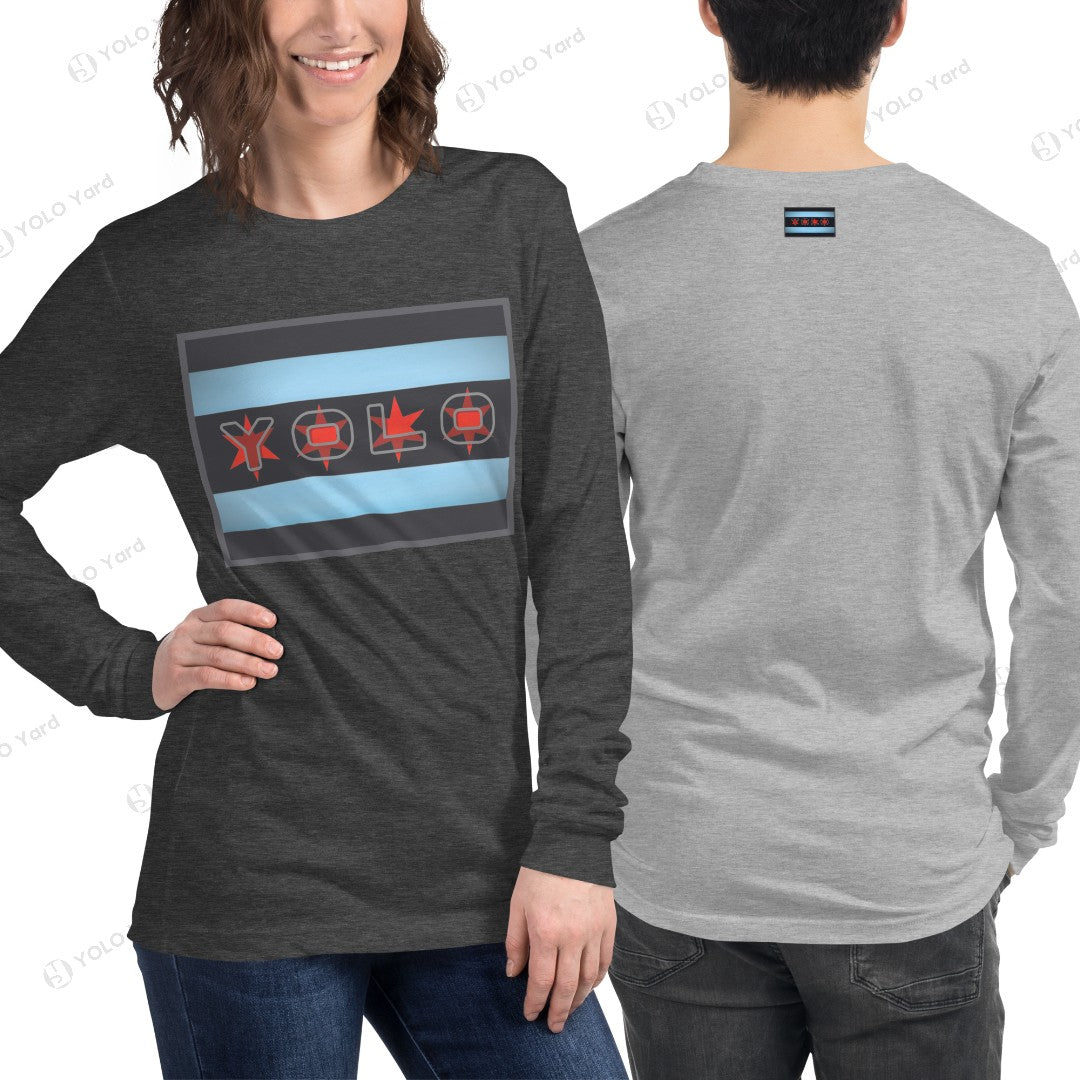 Unisex #YOLO-Chicago Flag Long Sleeve Crew T-Shirt in dark gray with bold red YOLO design and Chicago flag-inspired stripes.