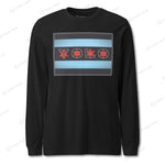 Light gray YOLO-Chicago Flag Long Sleeve Crew T-Shirt styled casually with jeans, featuring a red 