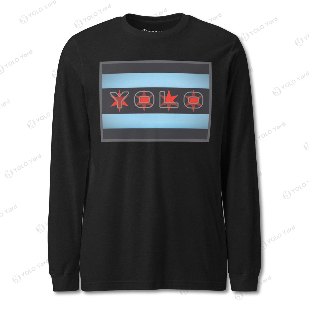 Light gray YOLO-Chicago Flag Long Sleeve Crew T-Shirt styled casually with jeans, featuring a red 