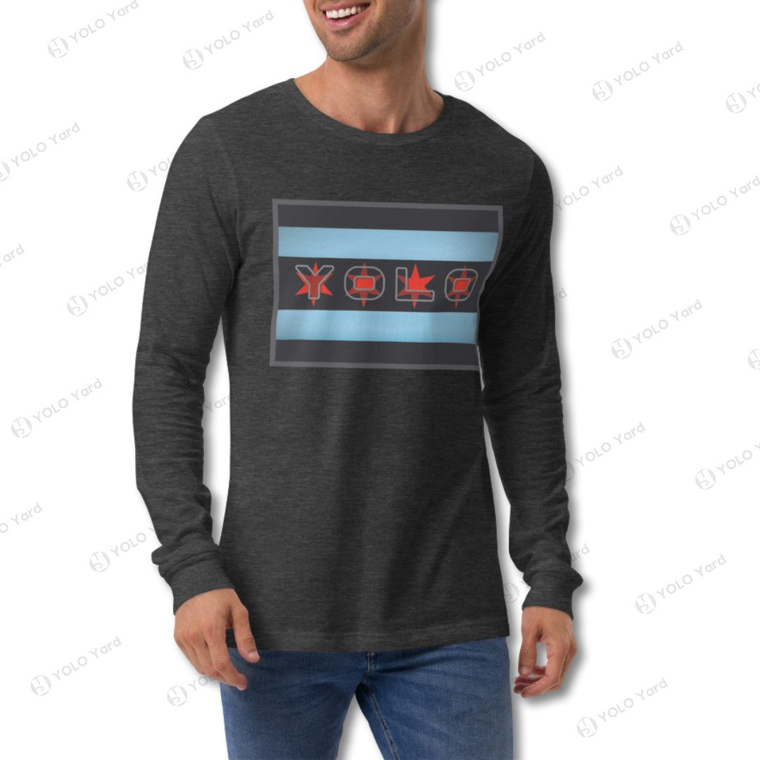 Light gray YOLO-Chicago Flag Long Sleeve Crew T-Shirt worn by a woman, showcasing a bold red 