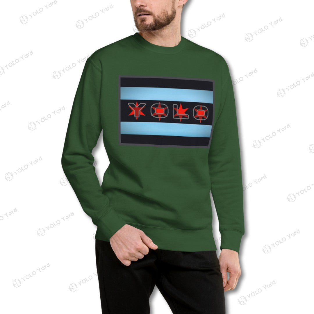 Unisex YOLO-Chicago Flag Ultra-Soft Premium Crew Sweater in forest green featuring a Chicago flag-inspired design. Perfect for layering and casual outfits.