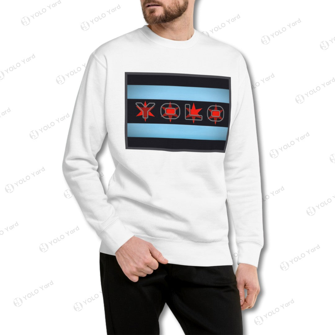 White #YOLO-Chicago Flag Ultra-Soft Premium Crew Neck Sweater featuring a bold Chicago flag-inspired design with red and blue accents.