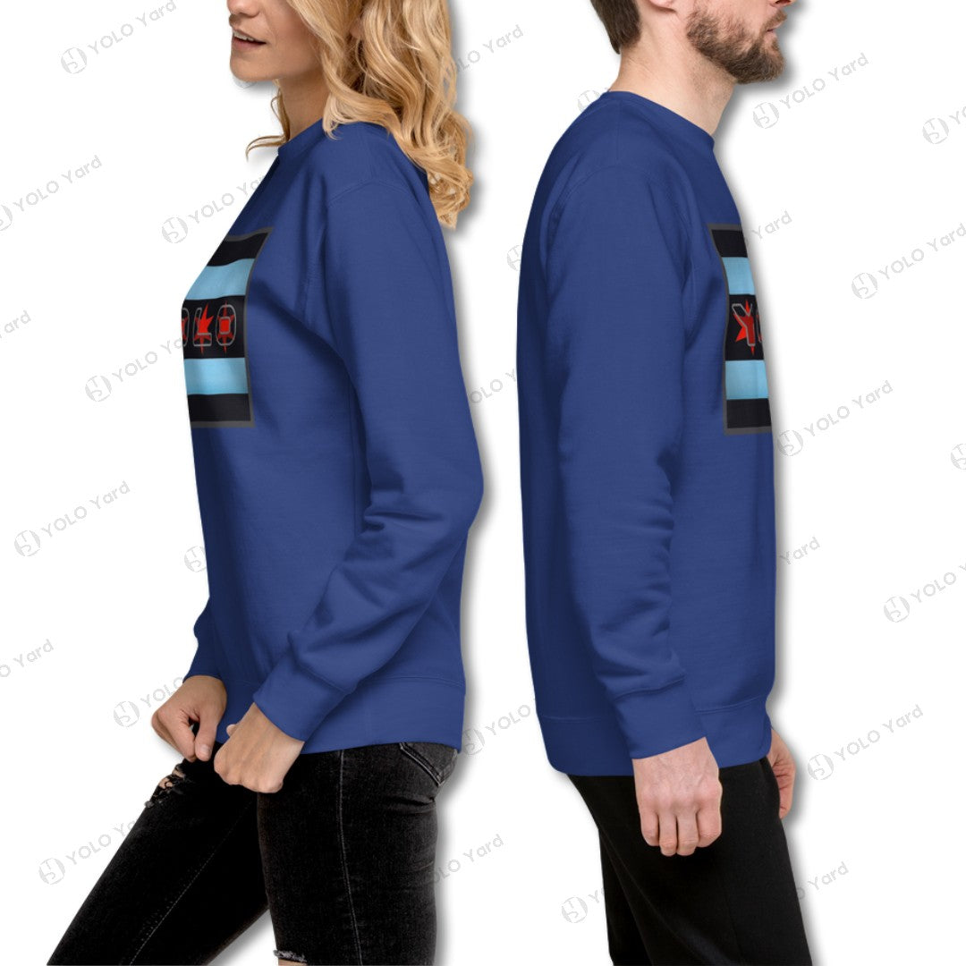 Unisex YOLO-Chicago Flag Ultra-Soft Premium Crew Sweater in blue, featuring a stylish Chicago flag design. Perfect for athleisure and casual wear.