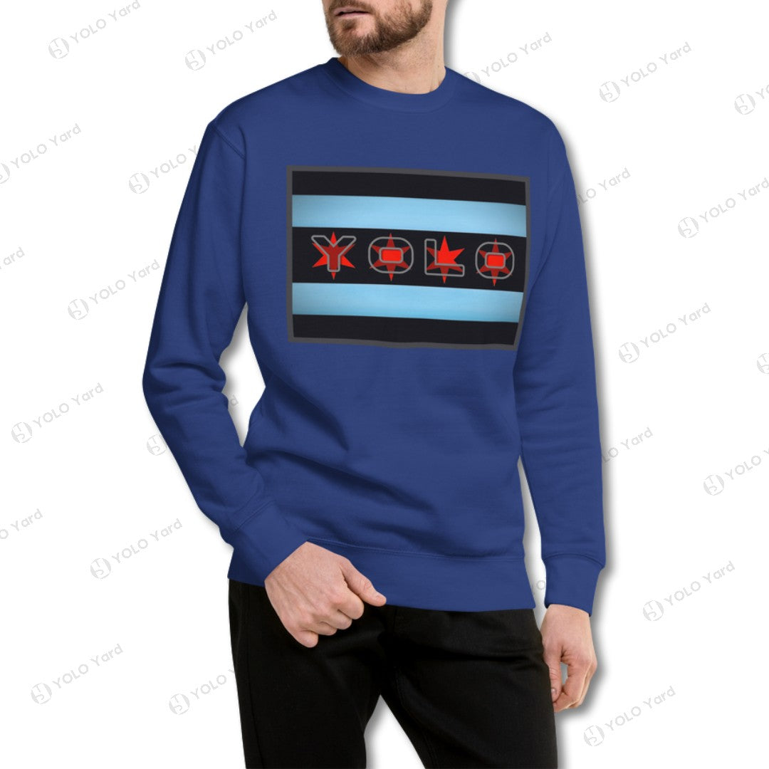 Unisex YOLO-Chicago Flag Ultra-Soft Premium Crew Sweater in royal blue with a bold Chicago flag-inspired design. Premium quality for versatile styling.