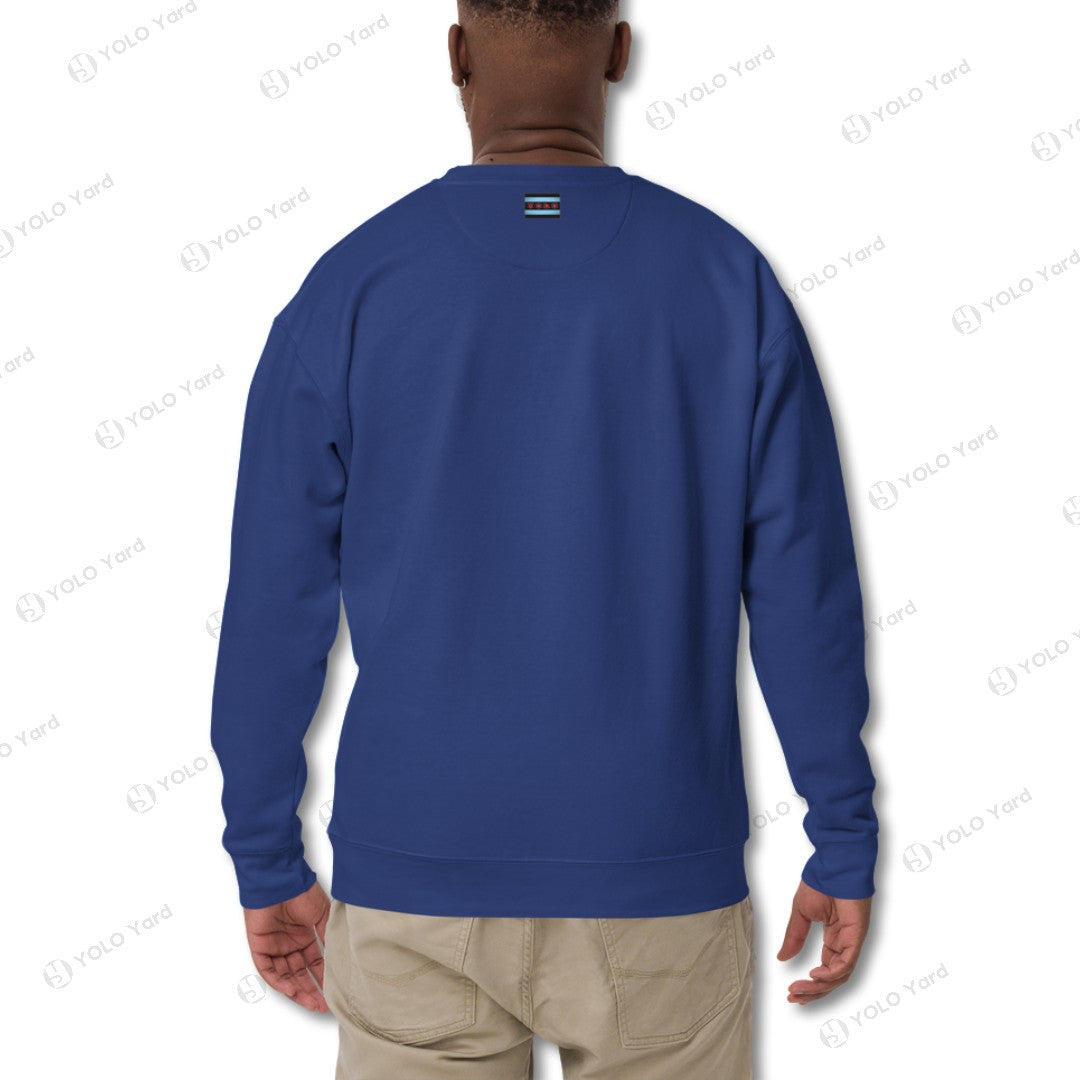 Back view of the YOLO-Chicago Flag Ultra-Soft Premium Crew Sweater in royal blue, featuring a minimalist Chicago flag detail near the neckline.