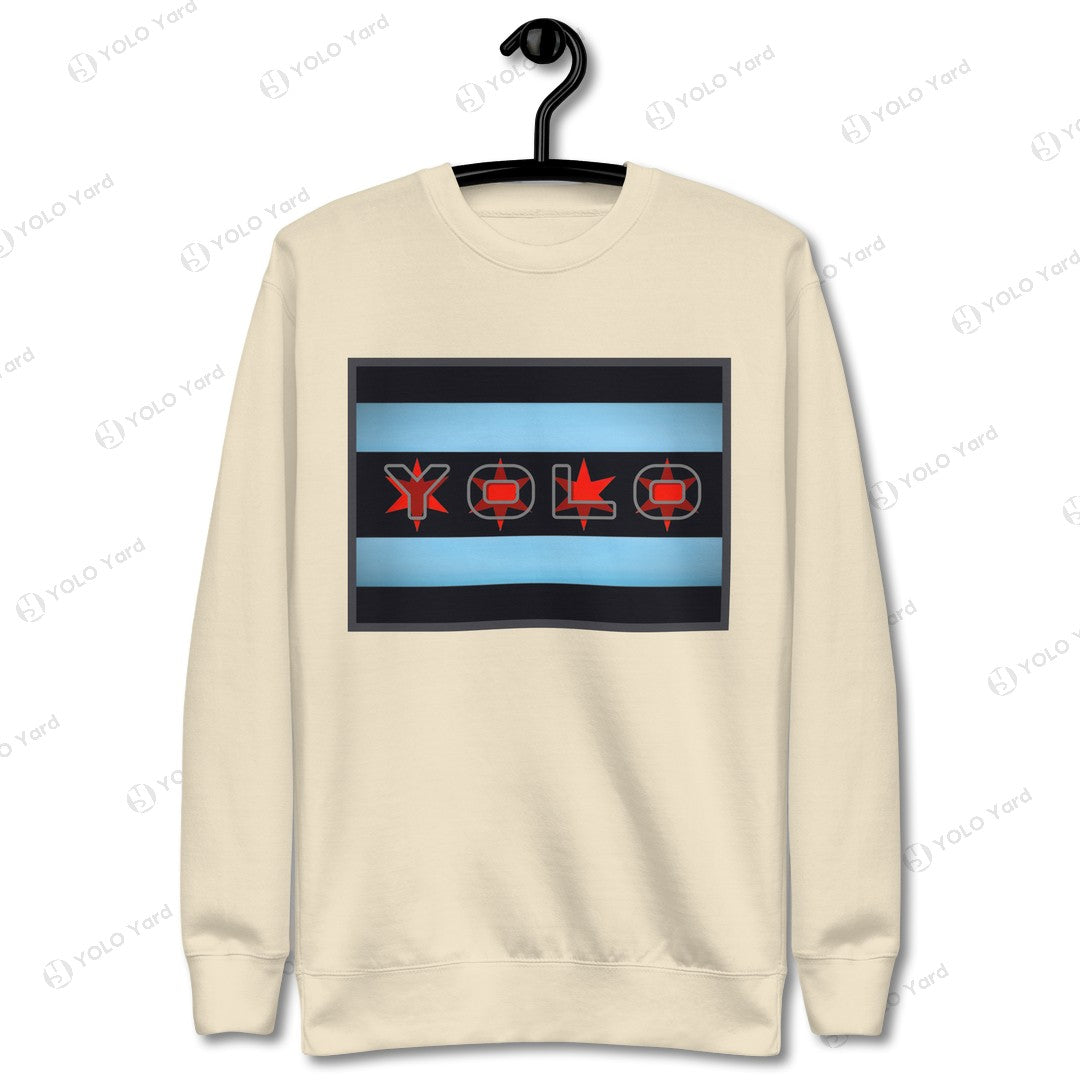 YOLO-Chicago Flag Ultra-Soft Premium Crew Sweater featuring a bold Chicago flag design with YOLO lettering in red on a beige background. Perfect for athleisure and casual wear.