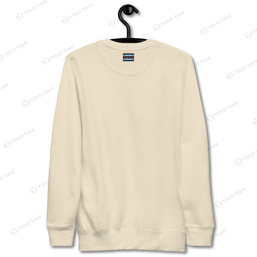 YOLO-Chicago Flag Ultra-Soft Premium Crew Sweater in beige, featuring a minimalist design and unisex fit, perfect for casual wear.