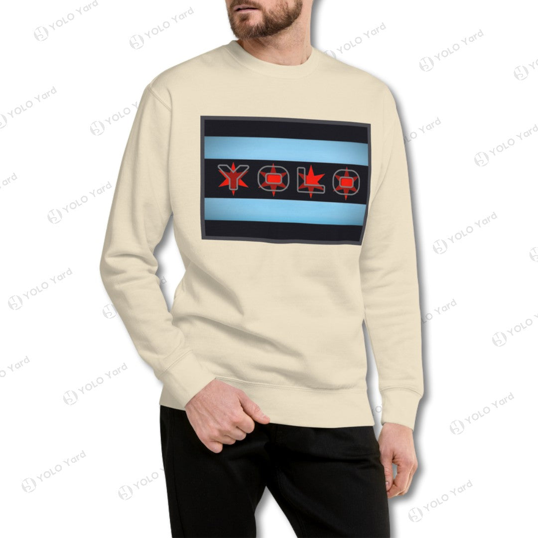 Unisex YOLO-Chicago Flag Ultra-Soft Premium Crew Sweater in cream color with bold Chicago flag-inspired design featuring red and blue accents. Perfect for casual athleisure wear.