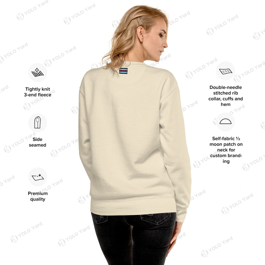 YOLO-Chicago Flag Ultra-Soft Premium Crew Sweater in cream color, showcasing back view with self-fabric half-moon patch and premium fleece material. Features include double-needle stitched rib collar, cuffs, and hem for durability.