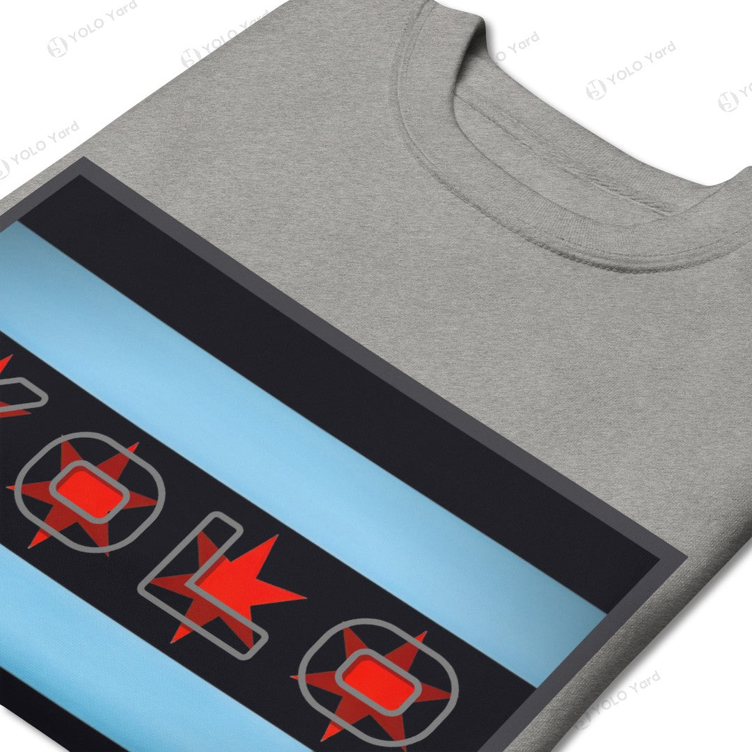 YOLO-Chicago Flag Ultra-Soft Premium Crew Sweater in gray with a bold Chicago flag-inspired design featuring red stars and blue stripes. Shop 