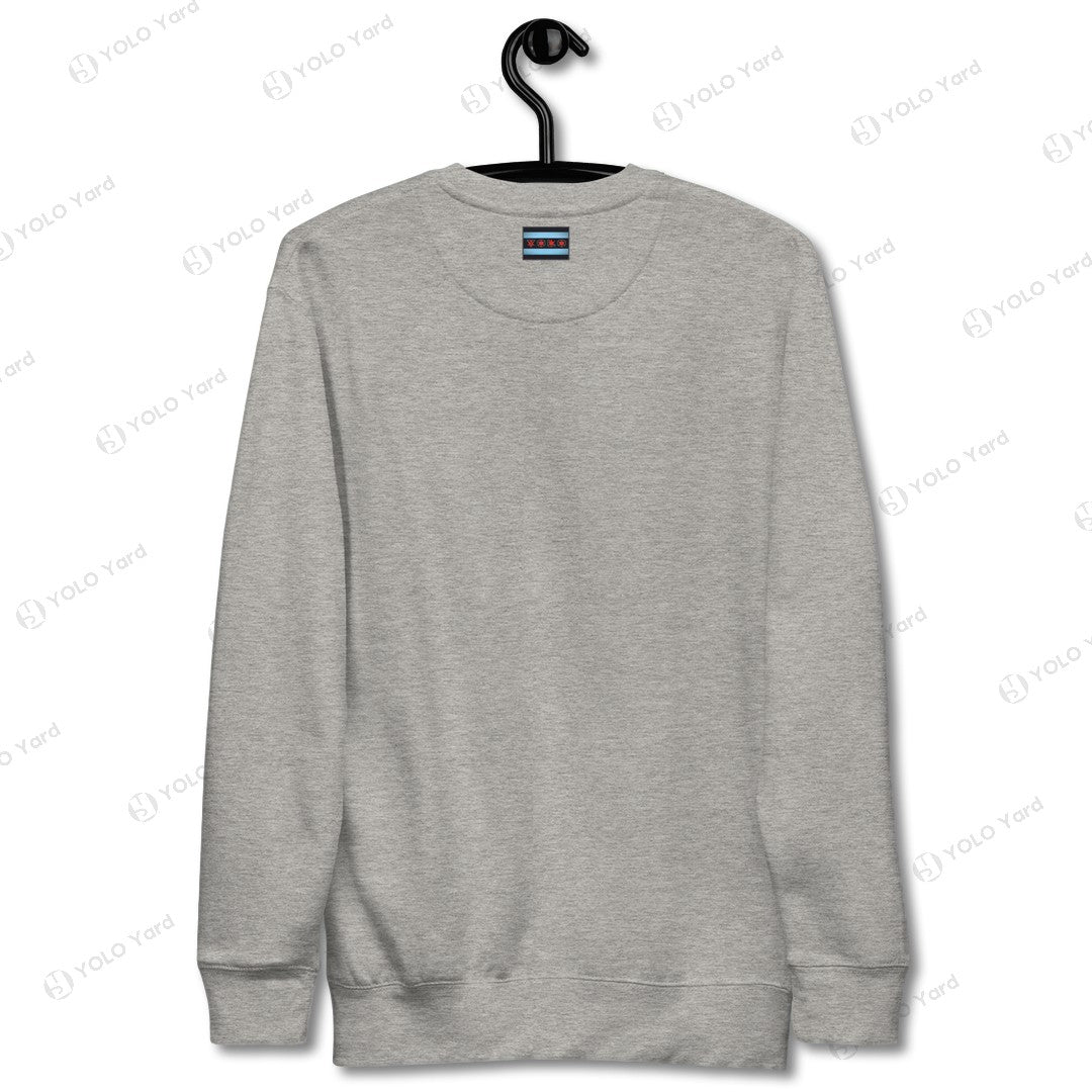 YOLO-Chicago Flag Ultra-Soft Premium Crew Sweater in light gray, featuring a classic crew neck design and unisex fit, displayed on a hanger.