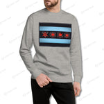 Unisex YOLO-Chicago Flag Ultra-Soft Premium Crew Sweater in heather gray featuring a Chicago flag-inspired design. Ideal for casual and activewear styles.