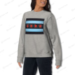 YOLO-Chicago Flag Ultra-Soft Premium Crew Sweater in light gray with a bold Chicago flag-inspired design. Perfect for athleisure and casual wear.