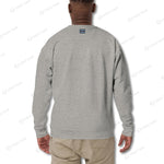 Back view of the YOLO-Chicago Flag Ultra-Soft Premium Crew Sweater in light gray, showcasing a minimalist design with a small Chicago flag detail near the neckline.