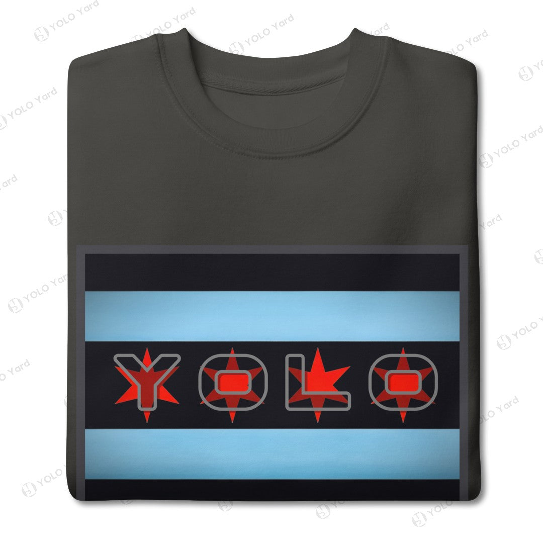 YOLO-Chicago Flag Ultra-Soft Premium Crew Sweater featuring a bold Chicago flag design with YOLO text and red accents. Perfect for athleisure and casual wear.