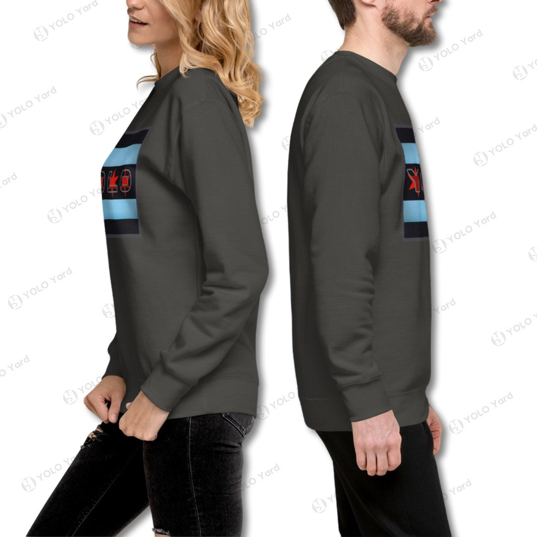 Unisex YOLO-Chicago Flag Ultra-Soft Premium Crew Sweater in dark gray, featuring a Chicago flag design with a modern twist. Perfect for casual wear and athleisure styles.