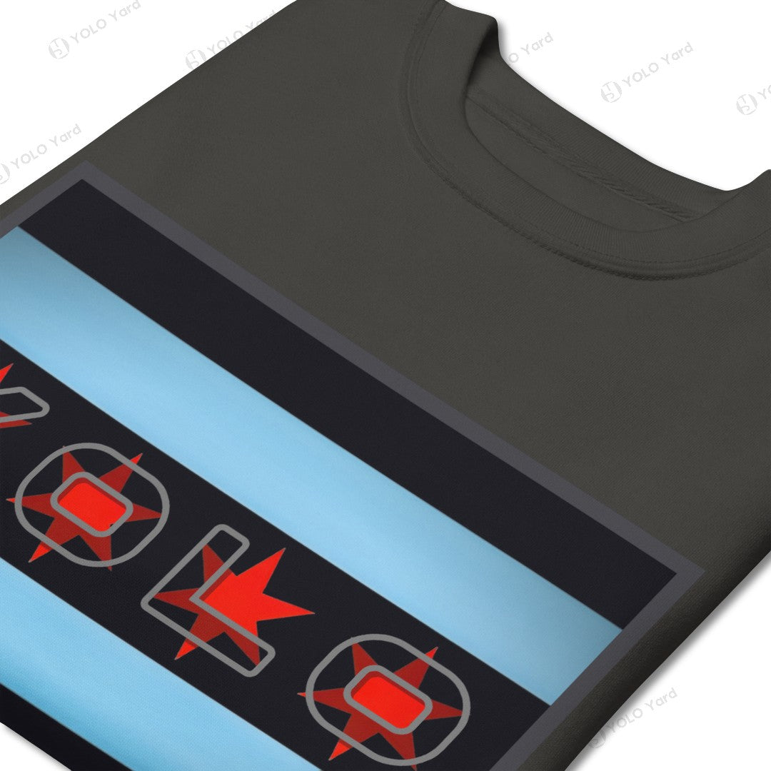 YOLO-Chicago Flag Ultra-Soft Premium Crew Sweater featuring a bold Chicago flag design with red stars and light blue stripes on a dark fabric. Perfect for athleisure and casual wear.