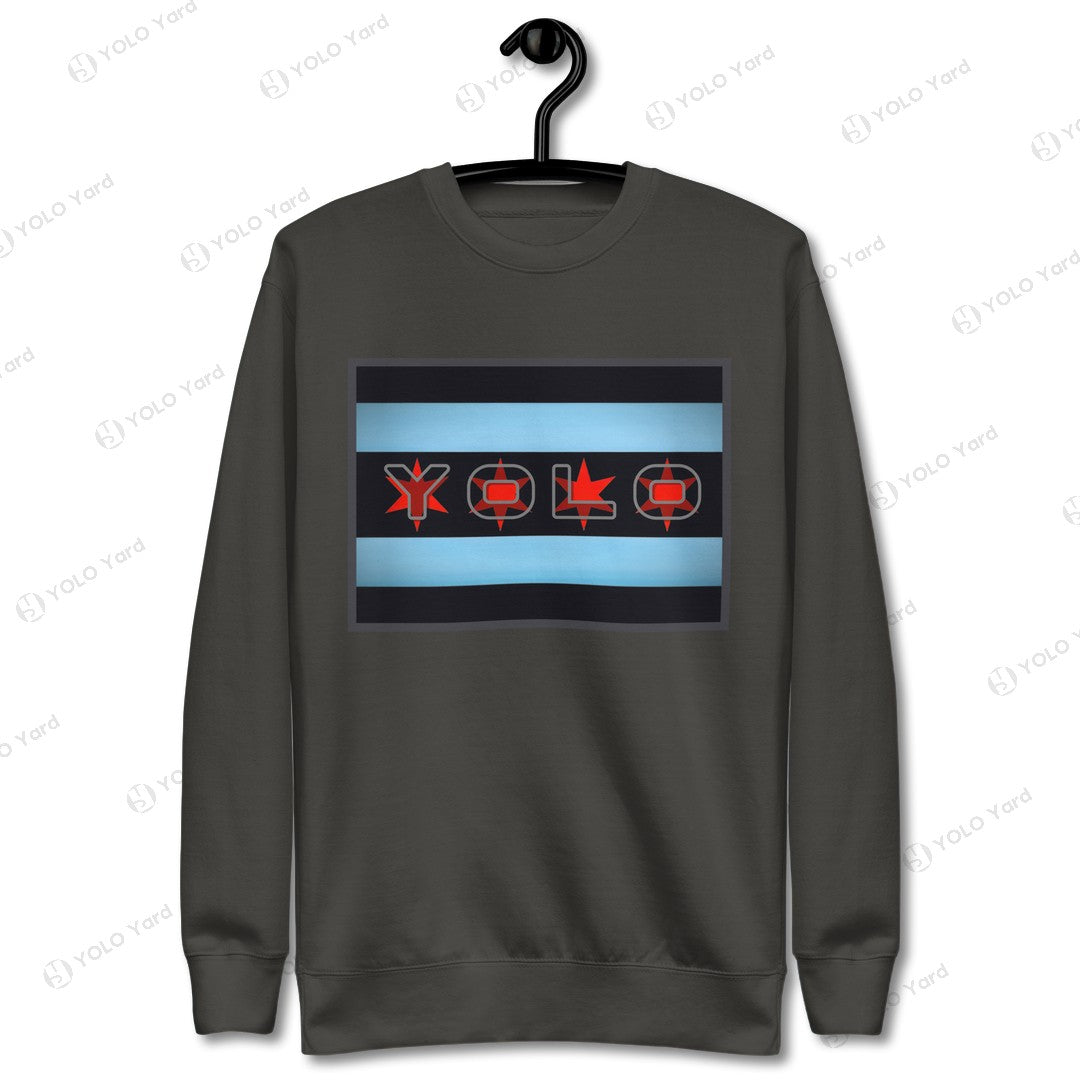 YOLO-Chicago Flag Ultra-Soft Premium Crew Sweater in dark gray with a bold Chicago flag design featuring YOLO text and symbols. Perfect for athleisure and casual wear.
