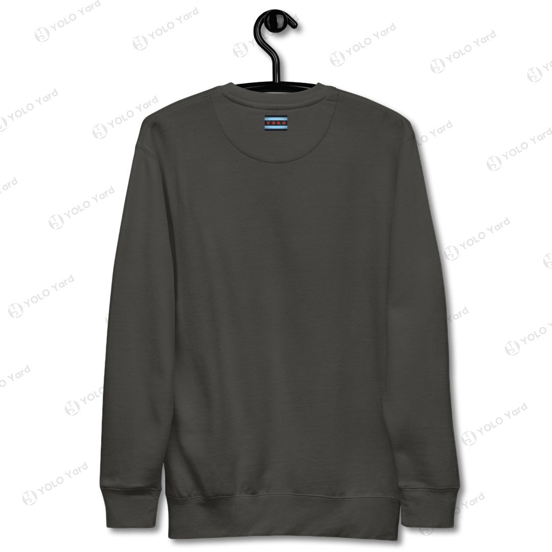 YOLO-Chicago Flag Ultra-Soft Premium Crew Sweater in dark gray with a minimalist Chicago flag design on the neckline, displayed on a hanger.