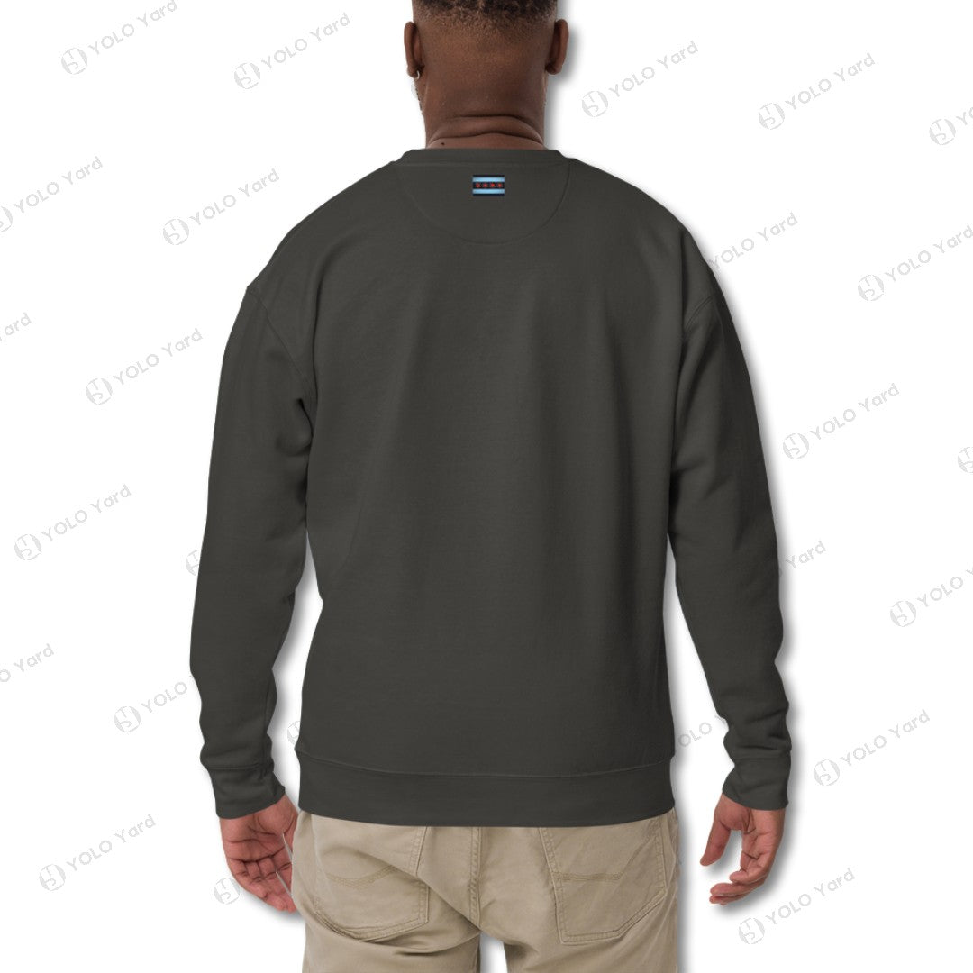 Back view of the YOLO-Chicago Flag Ultra-Soft Premium Crew Sweater in dark green, showcasing a minimalist design with a small Chicago flag detail near the neckline.