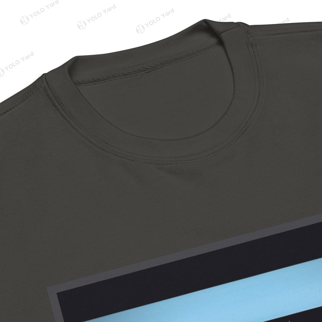 Close-up of the YOLO-Chicago Flag Ultra-Soft Premium Crew Sweater in dark gray, showcasing its smooth crew neck design and premium fabric quality.