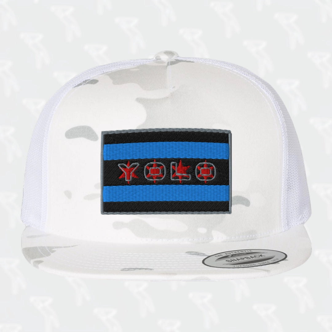 #YOLO-Chicago Flag Multi-Camo Alpine White Trucker Hat Embroidered Logo Flat-Bill High-Profile