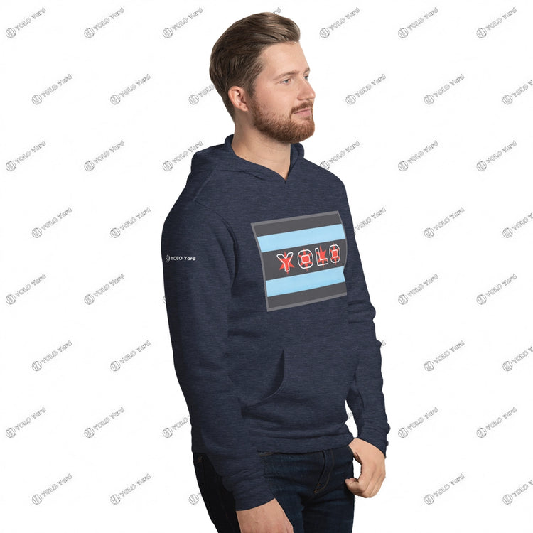 Front view of navy #YOLO-Chicago Flag Pullover Hoodie with Chicago flag design and YOLO branding. Comfortable and trendy unisex hoodie.