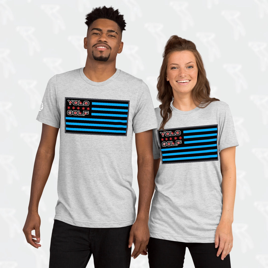 #YOLO Golf-USA Flag Tri-Blend Crew T-Shirt in heather white featuring a bold USA flag design with blue and black stripes and YOLO Golf logo. Premium athleisure wear for men and unisex styling.