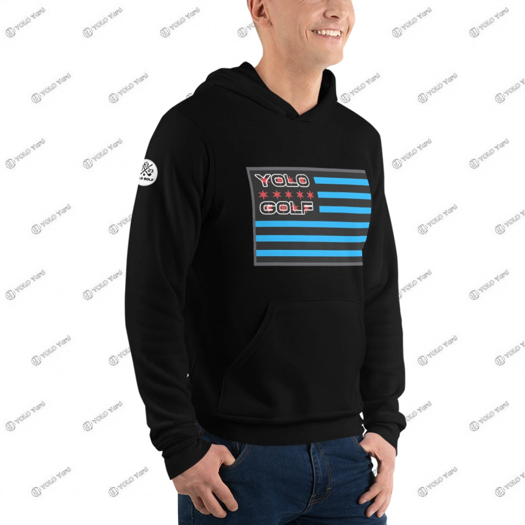 Black #YOLO Golf-USA Flag Pullover Hoodie featuring a blue and black striped flag design and #YOLO Golf logo on the chest.