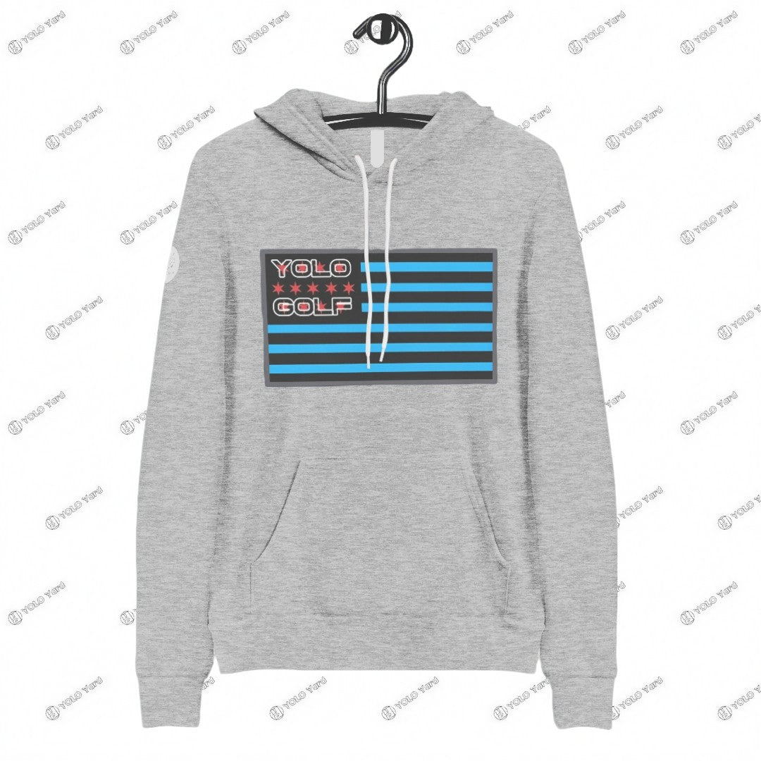 Gray #YOLO Golf-USA Flag Pullover Hoodie with blue and black striped flag design and #YOLO Golf logo on the chest.