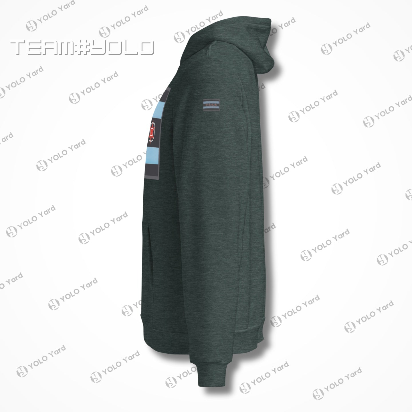 Side view of a forest green pullover hoodie with YOLO-Chicago Flag design, highlighting Chicago flag stripes and YOLO branding. Cozy and premium.