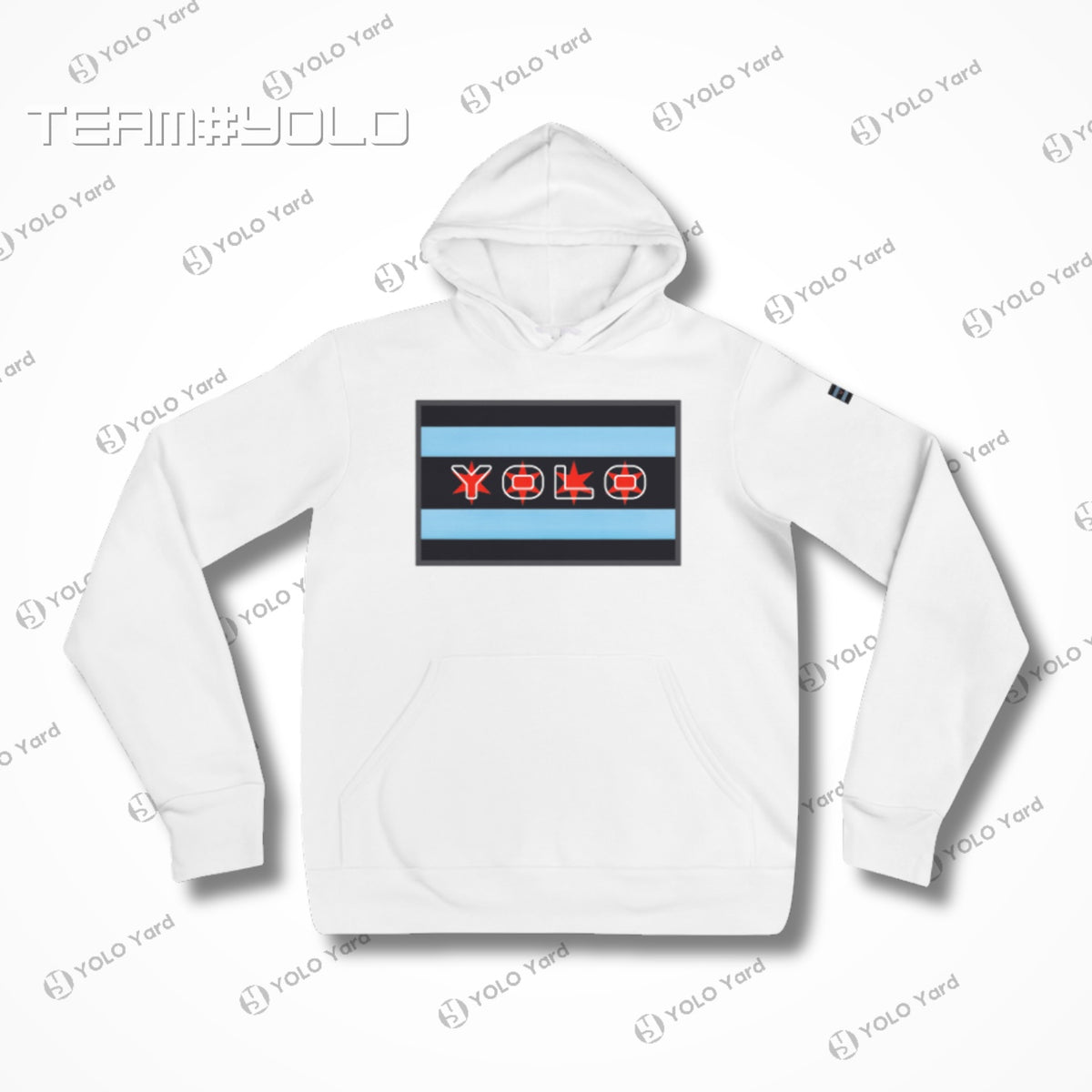 White pullover hoodie featuring the YOLO-Chicago Flag design with bold Chicago flag stripes and YOLO branding. Premium unisex activewear.