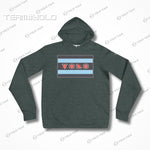 Forest green pullover hoodie with YOLO-Chicago Flag design, highlighting Chicago flag stripes and YOLO branding. Soft and premium activewear.