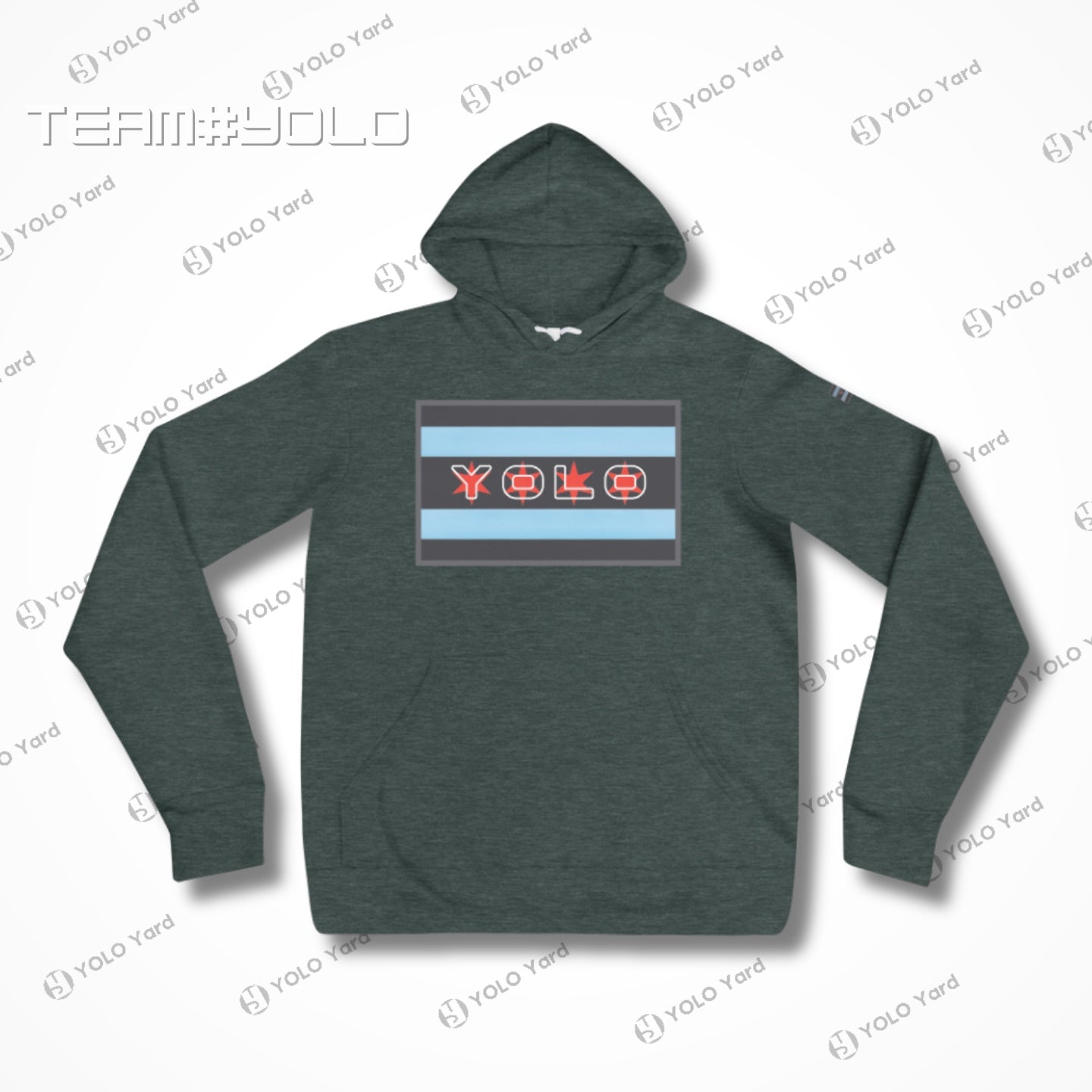 Forest green pullover hoodie with YOLO-Chicago Flag design, highlighting Chicago flag stripes and YOLO branding. Soft and premium activewear.