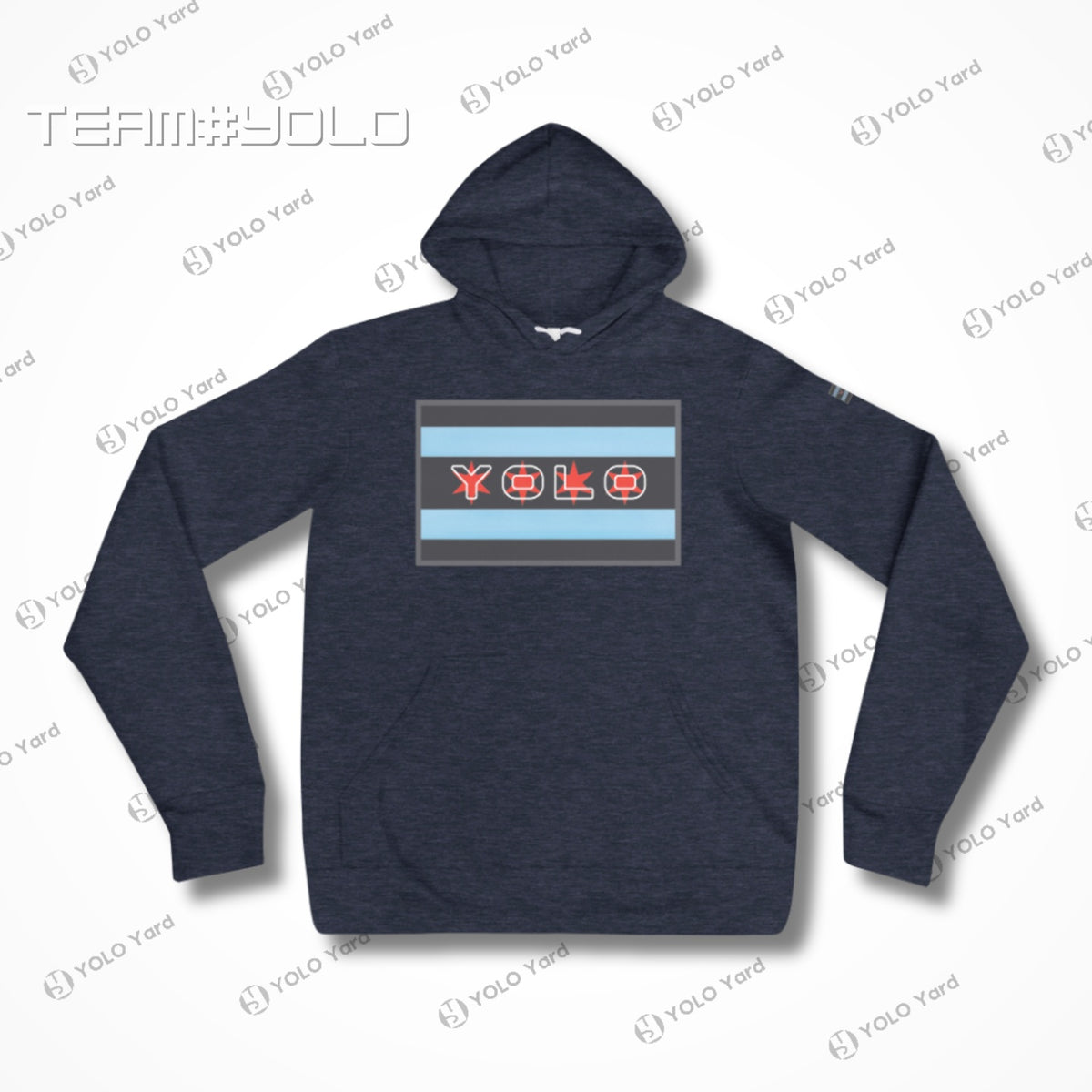 Navy blue pullover hoodie with YOLO-Chicago Flag design, showcasing Chicago flag stripes and YOLO branding. Comfortable and versatile activewear.