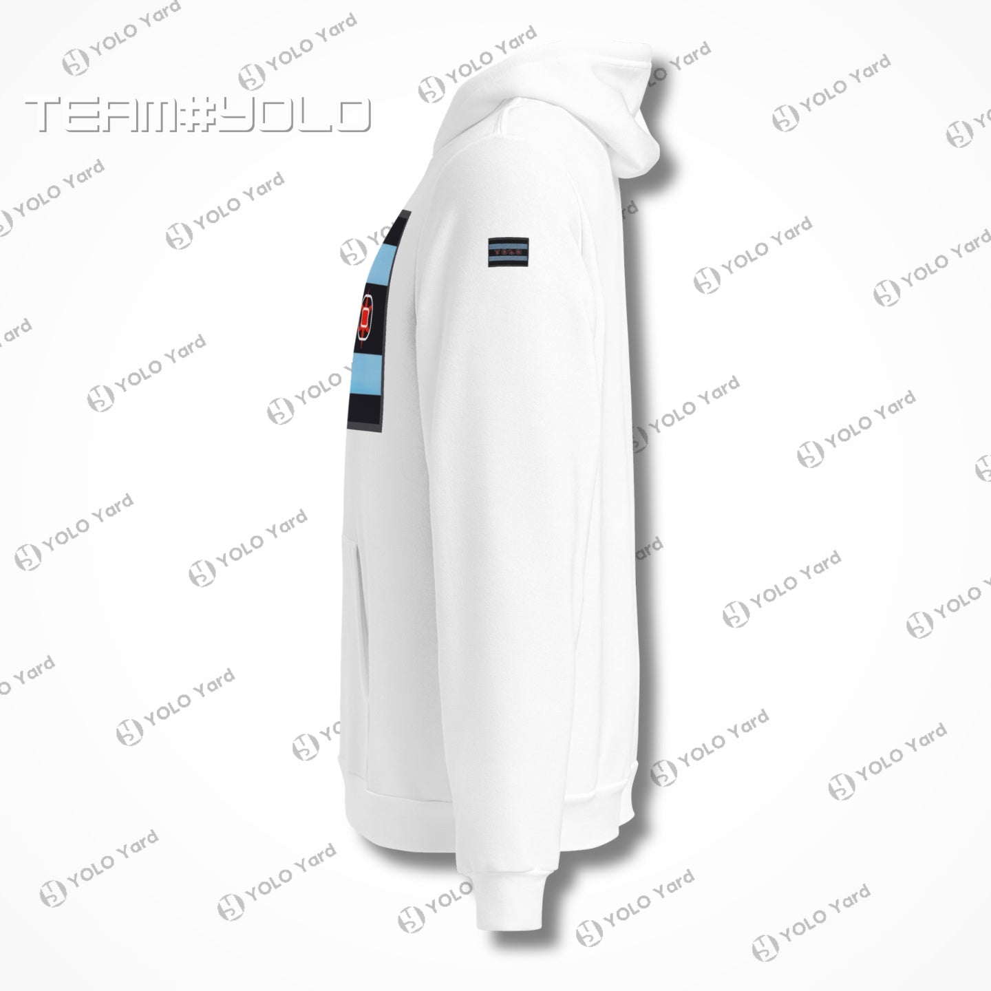 Side view of a white pullover hoodie featuring the YOLO-Chicago Flag design with Chicago flag stripes and YOLO branding. Sleek and modern.