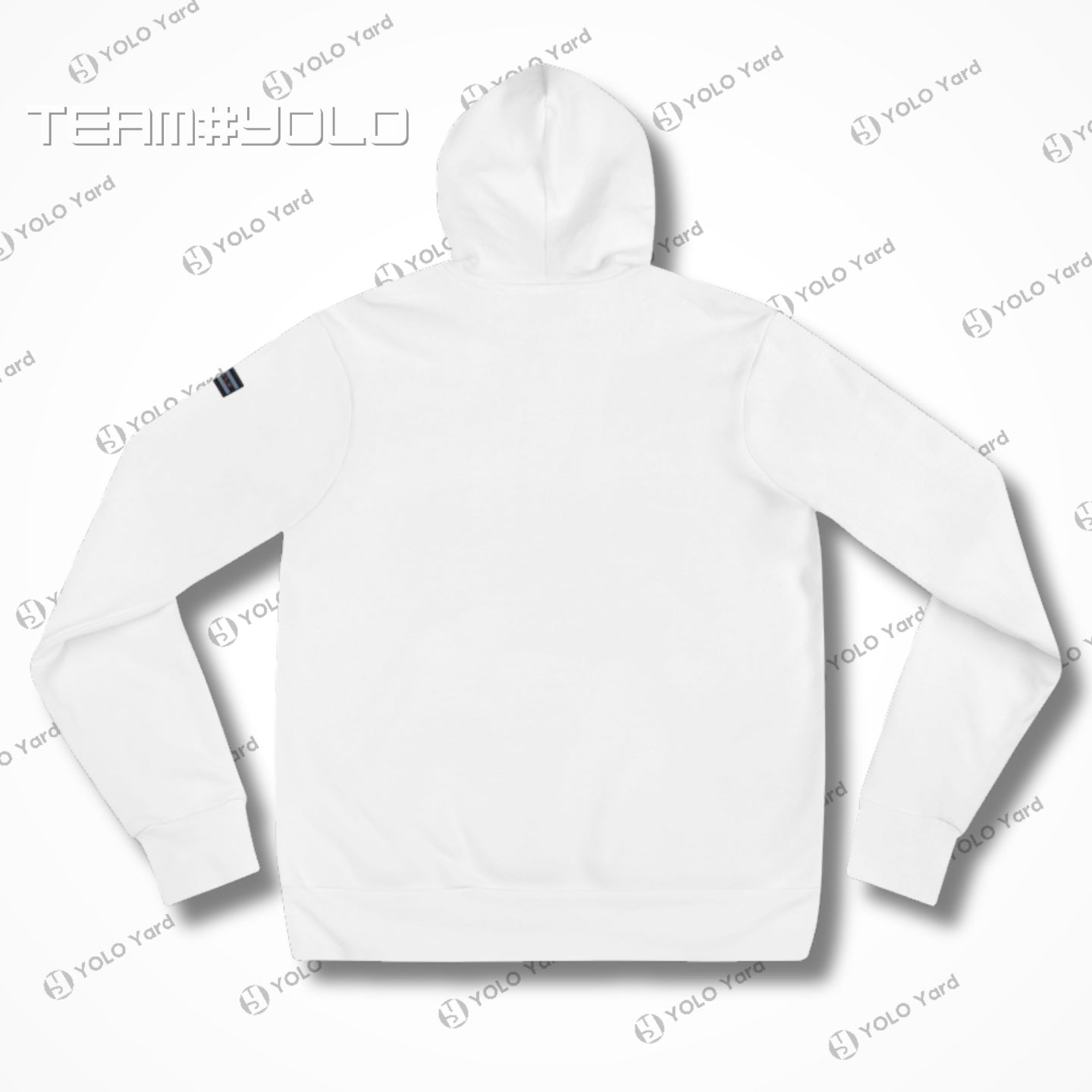 Back view of a white pullover hoodie with a clean design, showcasing YOLO-Chicago Flag branding on the sleeve. Sleek and modern.