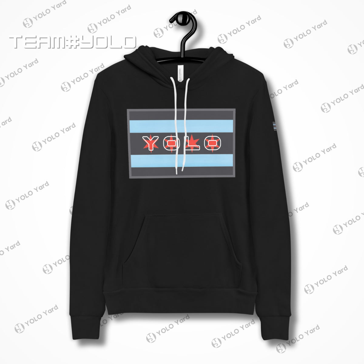 Black pullover hoodie on a hanger, showcasing the YOLO-Chicago Flag design with Chicago flag stripes and YOLO branding. Sleek and modern.