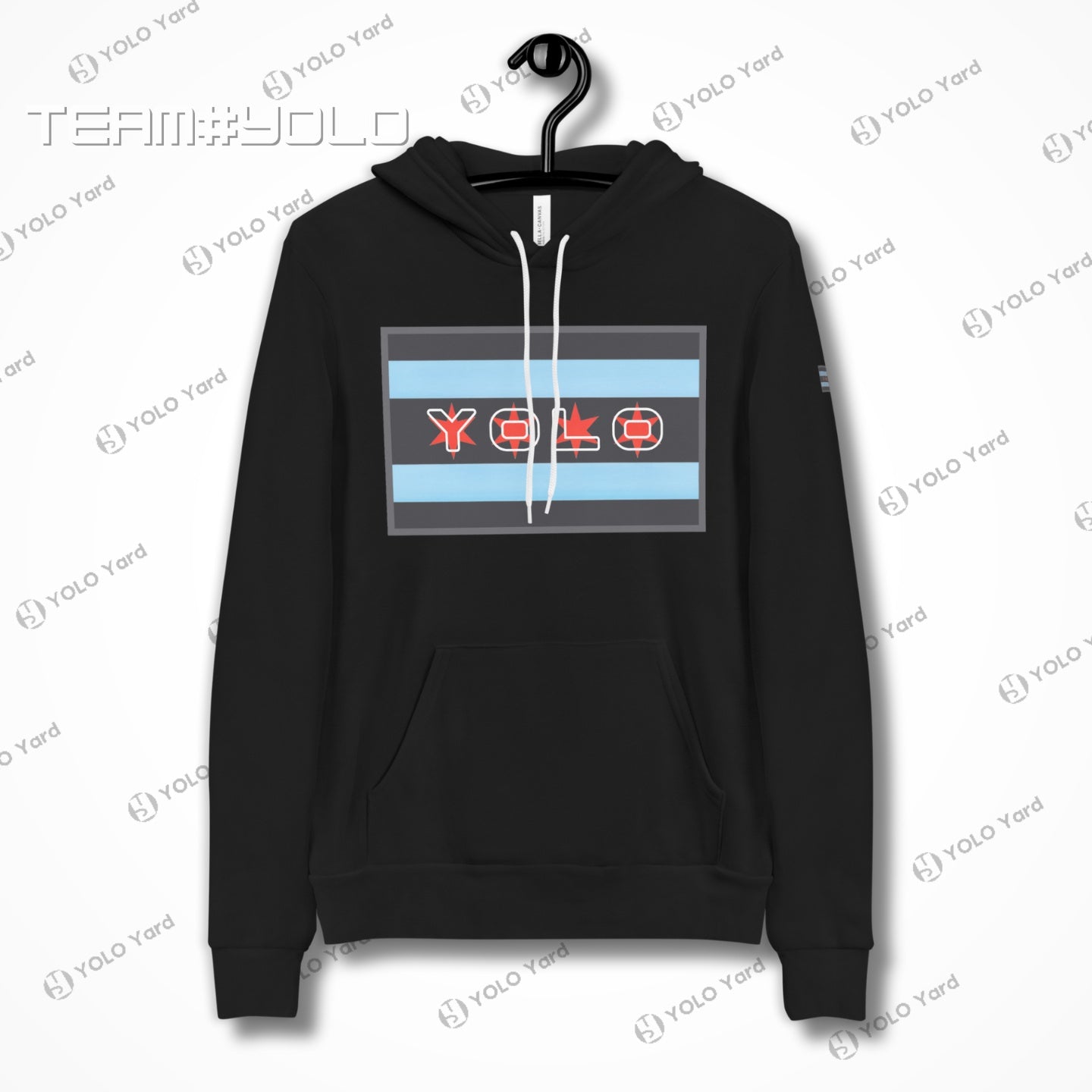 Black pullover hoodie on a hanger, showcasing the YOLO-Chicago Flag design with Chicago flag stripes and YOLO branding. Sleek and modern.