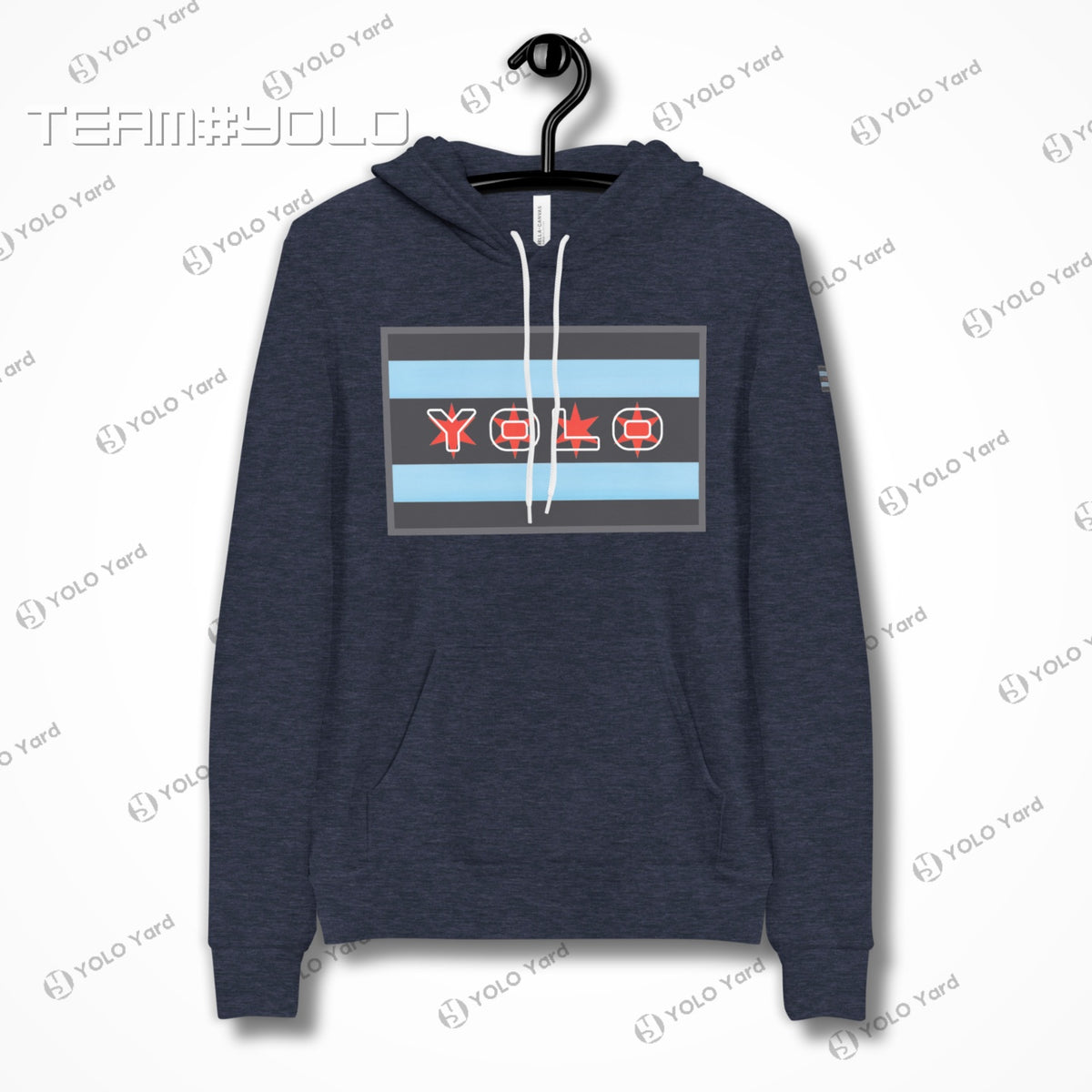 Navy blue pullover hoodie on a hanger, featuring the YOLO-Chicago Flag design with Chicago flag stripes and YOLO branding. Warm and trendy.