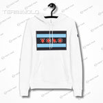 White pullover hoodie on a hanger, featuring the YOLO-Chicago Flag design with bold Chicago flag stripes and YOLO branding. Minimalist and stylish.