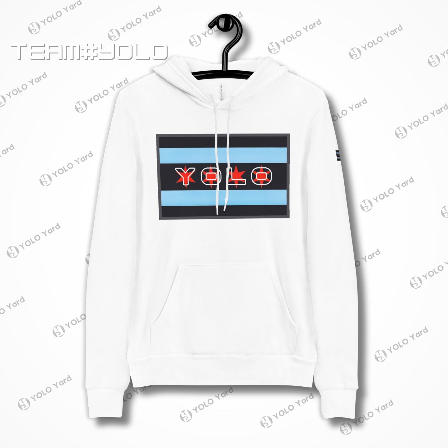 White pullover hoodie on a hanger, featuring the YOLO-Chicago Flag design with bold Chicago flag stripes and YOLO branding. Minimalist and stylish.